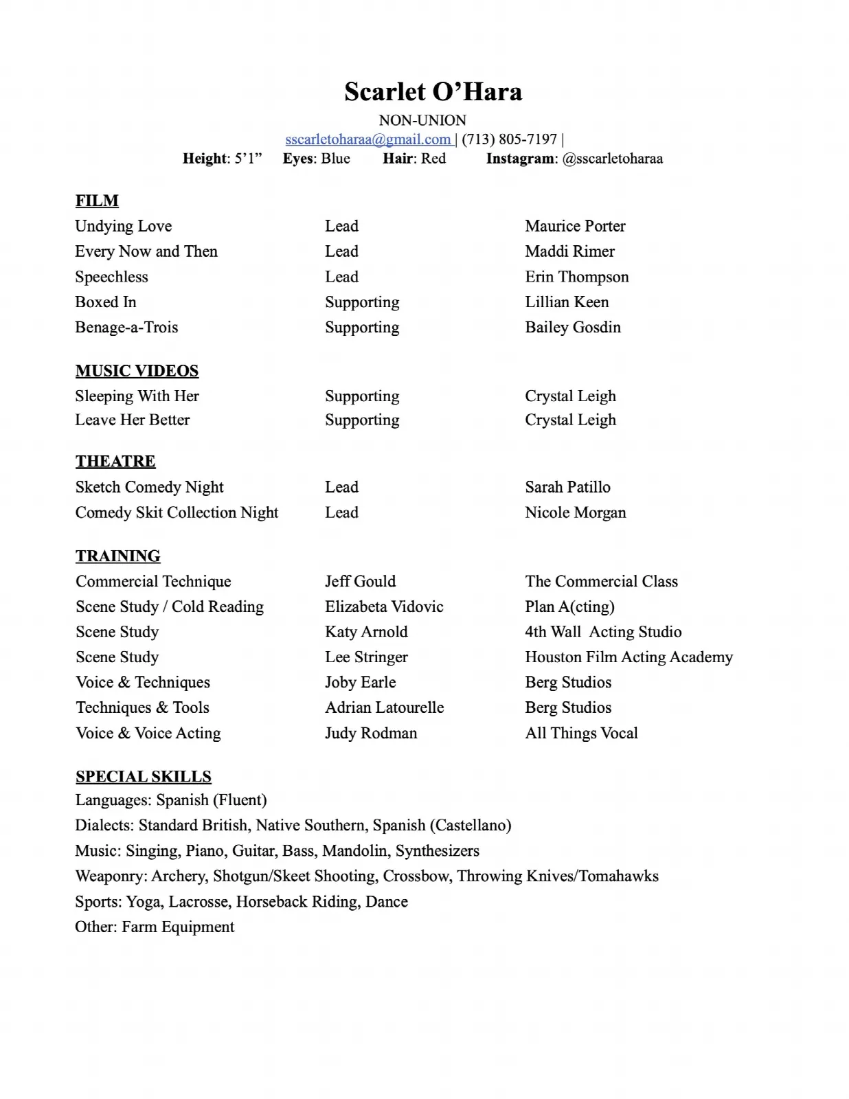 Scarlet O'Hara acting resume